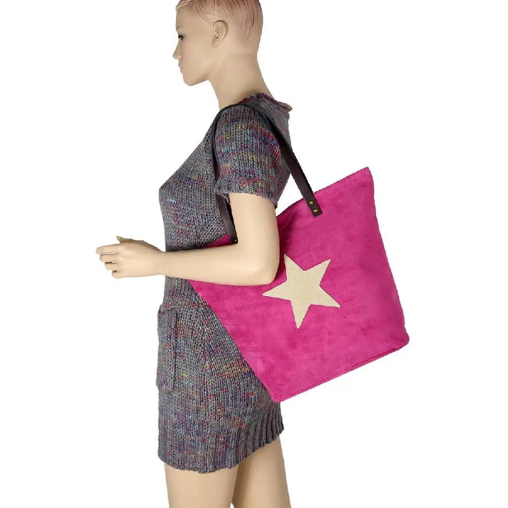 OBC Made In Italy Damen Tasche Leder Velourleder Wildleder Stern Shopper Schultertasche Umhängetasche