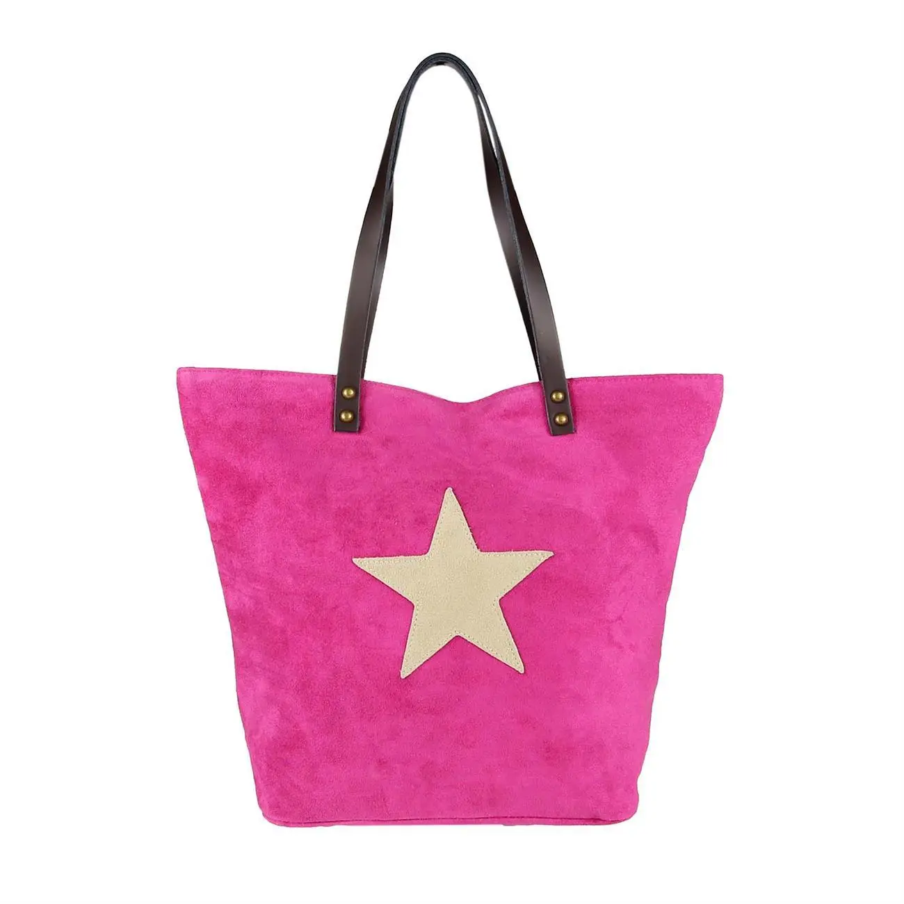 OBC Made In Italy Damen Tasche Leder Velourleder Wildleder Stern Shopper Schultertasche Umhängetasche