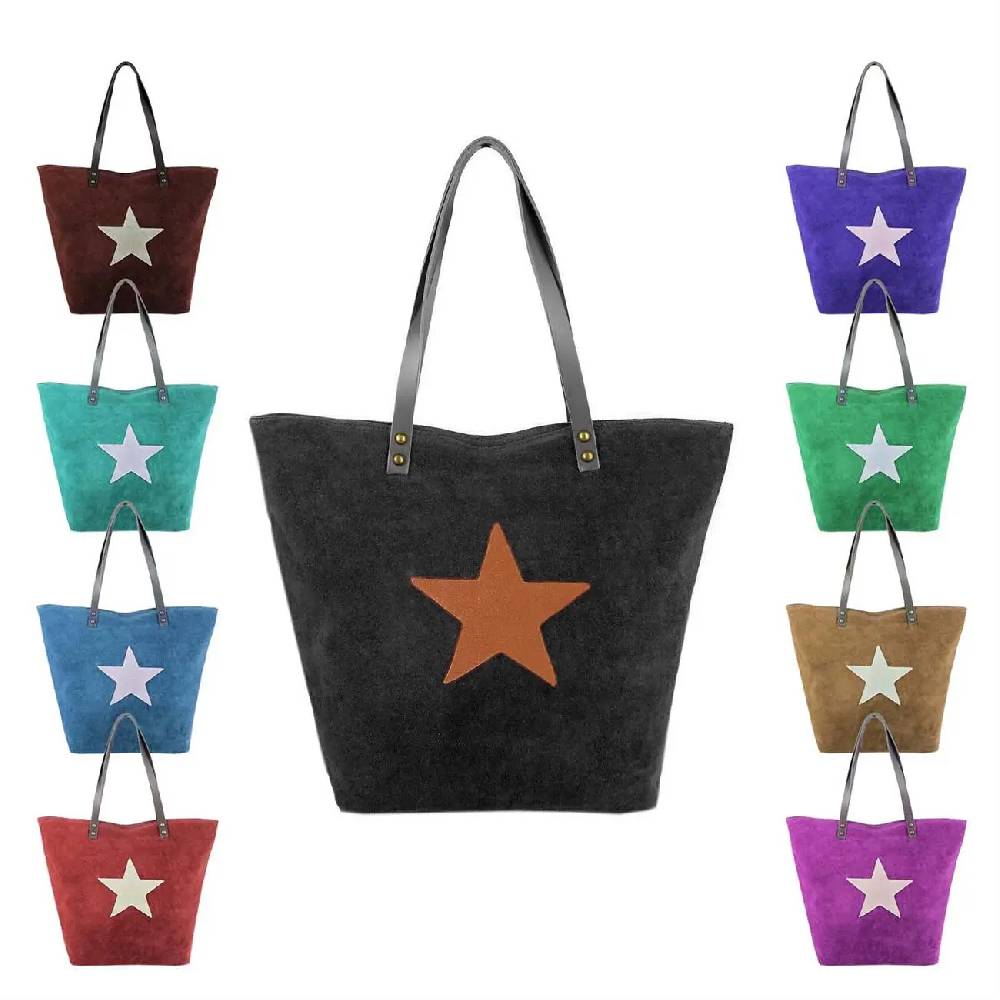 OBC Made in Italy Damen Tasche Leder Velourleder Wildleder Stern Shopper Schultertasche Umhängetasche