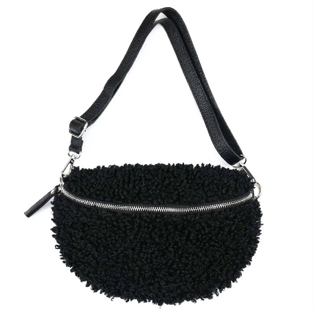 OBC Made In Italy Damen Teddyfell Tasche Leder Jeans Plüsch Bauchtasche Hüfttasche Schultertasche Bodybag Umhängetasche Crossbody Teddyplüsch Handytasche Crossbag Gürteltasche