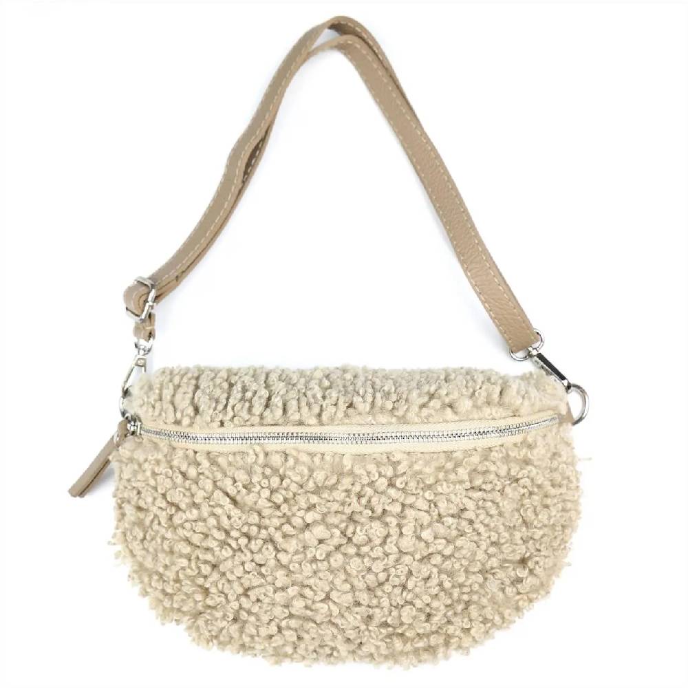 OBC Made In Italy Damen Teddyfell Tasche Leder Jeans Plüsch Bauchtasche Hüfttasche Schultertasche Bodybag Umhängetasche Crossbody Teddyplüsch Handytasche Crossbag Gürteltasche