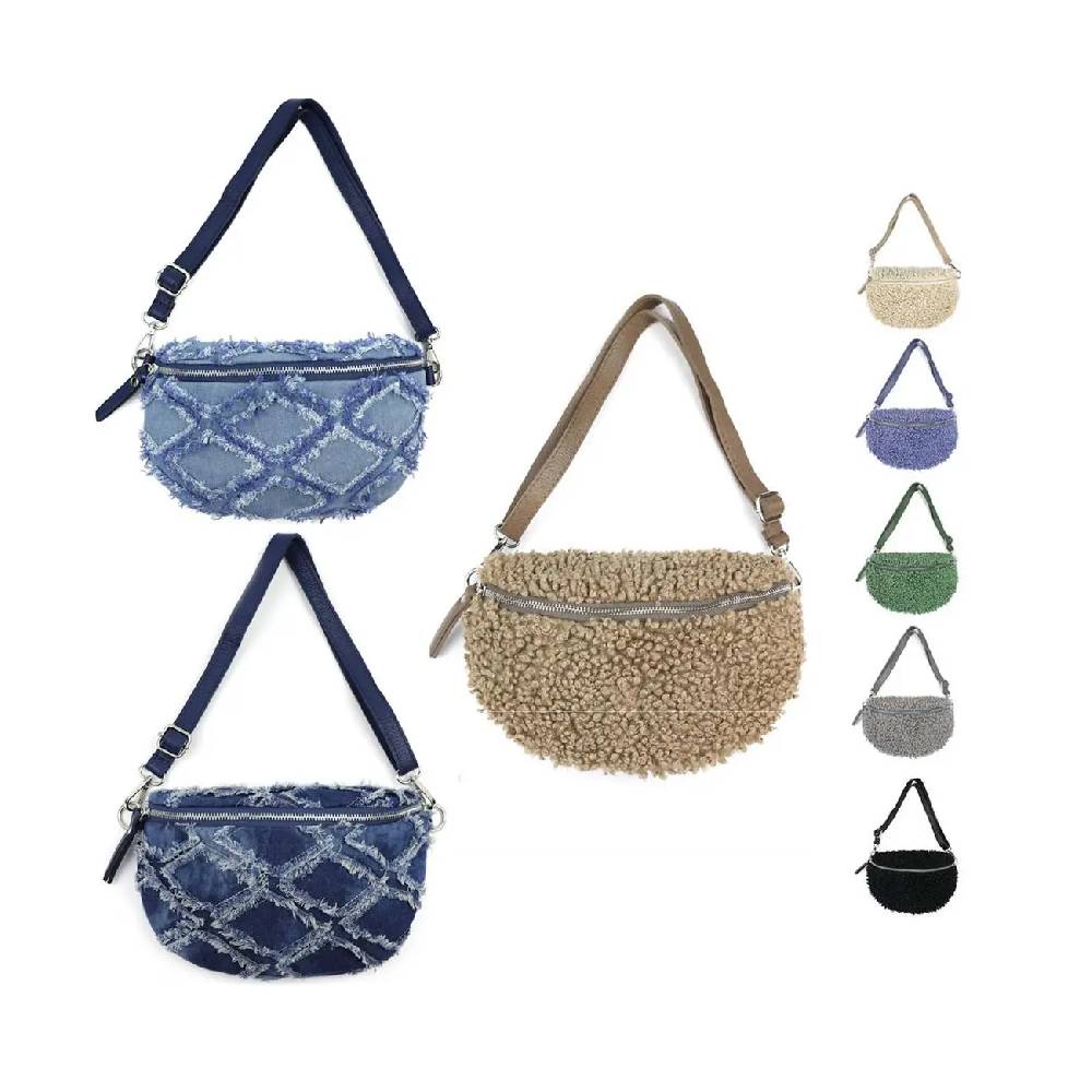 OBC Made in Italy Damen Teddyfell Tasche Leder Jeans Plüsch Bauchtasche Hüfttasche Schultertasche Bodybag Umhängetasche Crossbody Teddyplüsch Handytasche Crossbag Gürteltasche