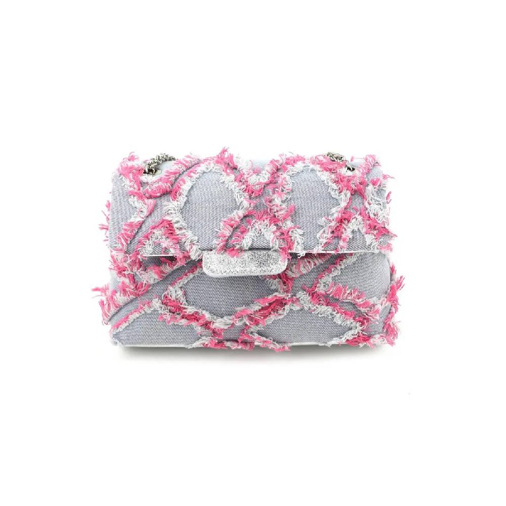 OBC MADE IN ITALY Damen Vintage Jeans Denim Leder Tasche Kettengriff Umhängetasche Clutch Jeanstasche Schultertasche Umhängetasche Gesteppte Used Look Cross Over Body Bag