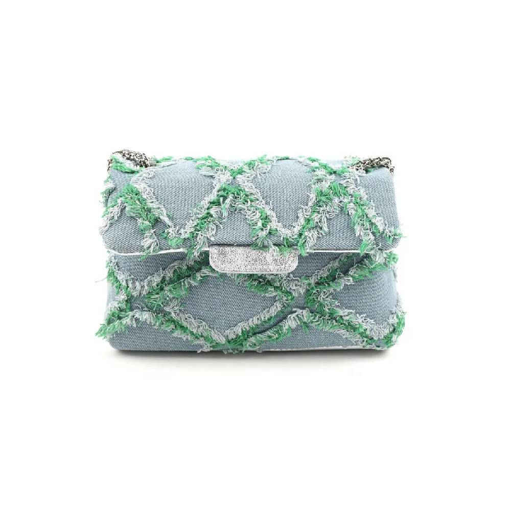 OBC MADE IN ITALY Damen Vintage Jeans Denim Leder Tasche Kettengriff Umhängetasche Clutch Jeanstasche Schultertasche Umhängetasche Gesteppte Used Look Cross Over Body Bag