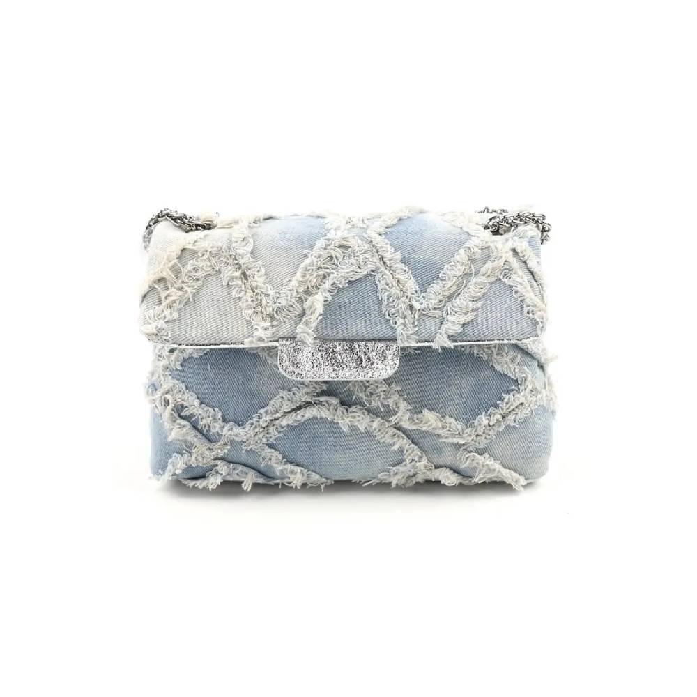 OBC MADE IN ITALY Damen Vintage Jeans Denim Leder Tasche Kettengriff Umhängetasche Clutch Jeanstasche Schultertasche Umhängetasche Gesteppte Used Look Cross Over Body Bag