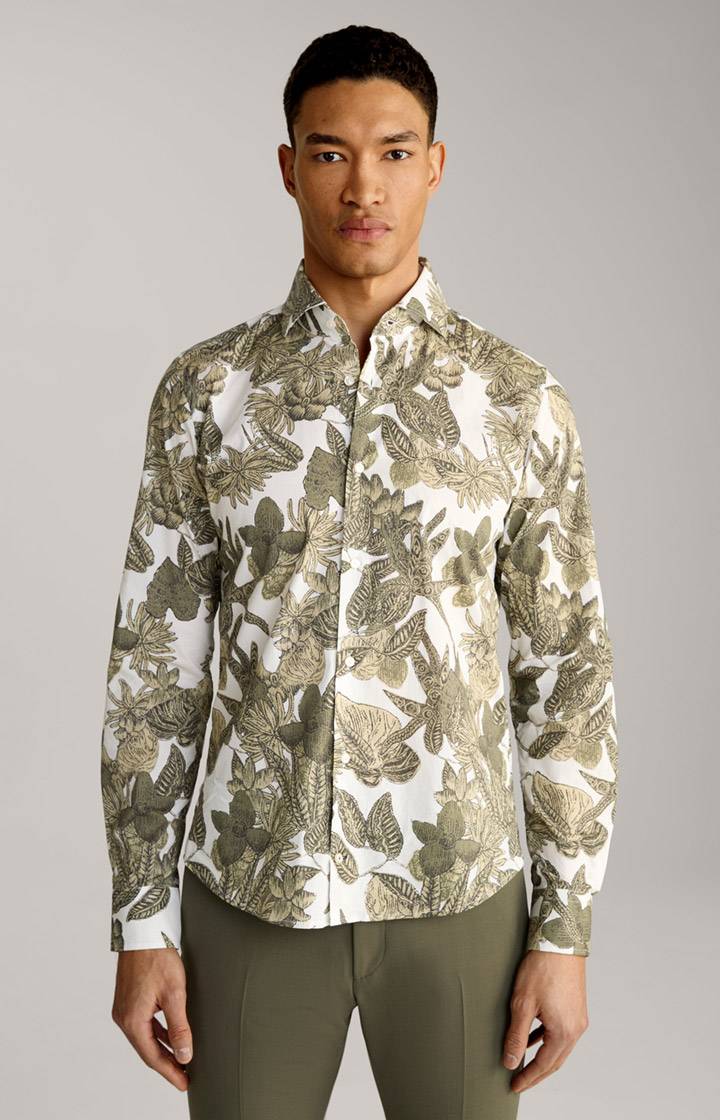 Joop Hemd Pai in Weiß-Oliv gemustert