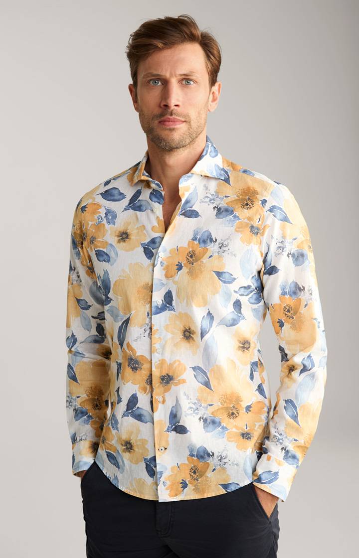 Joop Leinenmix-Hemd Pai in Weiß/Gelb/Blau gemustert