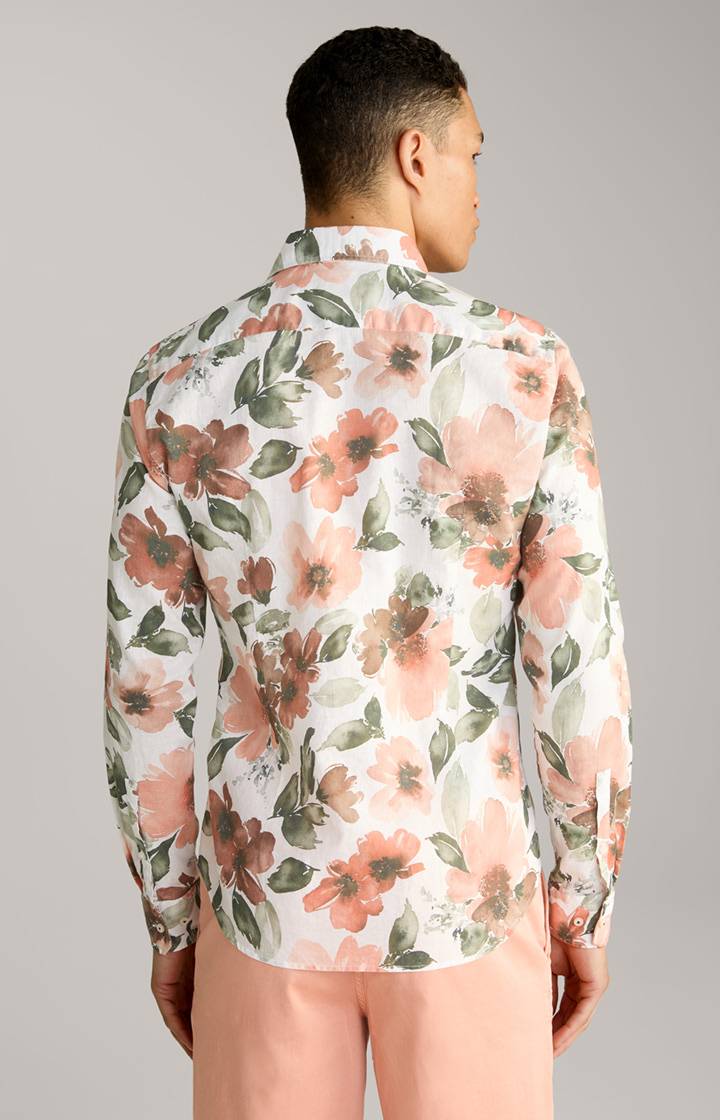 Joop Leinenmix-Hemd Pai In Weiß/Oliv/Rostrot Gemustert