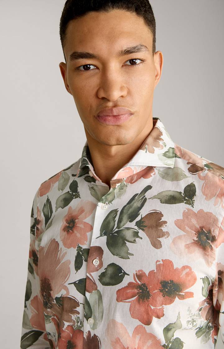 Joop Leinenmix-Hemd Pai In Weiß/Oliv/Rostrot Gemustert