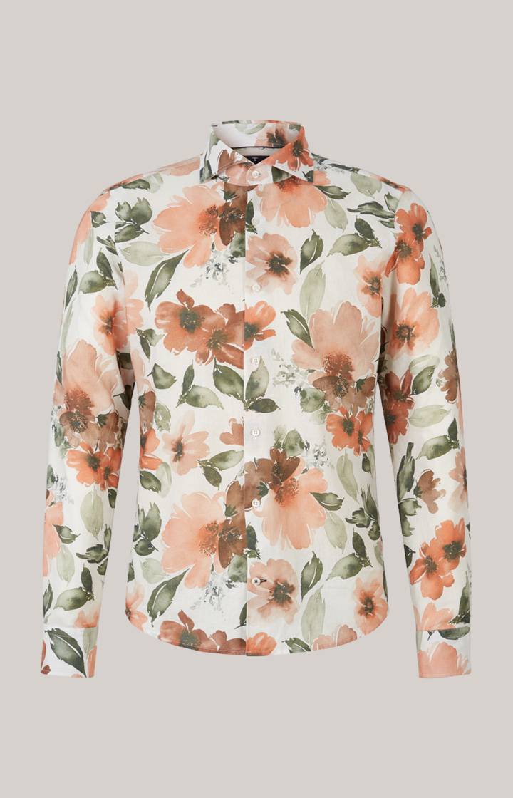 Joop Leinenmix-Hemd Pai In Weiß/Oliv/Rostrot Gemustert