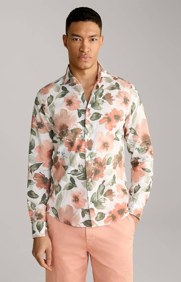 Joop Leinenmix-Hemd Pai in Weiß/Oliv/Rostrot gemustert