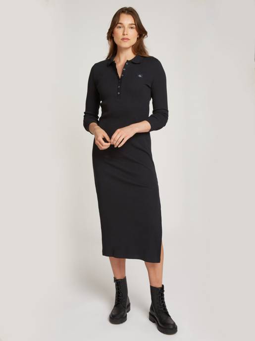 CALVIN KLEIN JEANS WOVEN LABEL RIB POLO LS DRESS