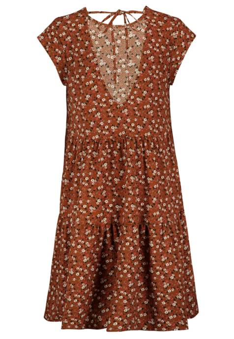 AUTHENTIC STYLE Kleid, Midi, Rundhals, Zwei Horizontale Teilungsnähte Mit Leichten Raffungen, V-Ausschnitt Mit Schnürung Hinten, Kurze Ärmel