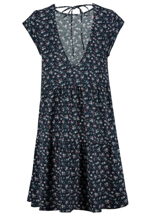 AUTHENTIC STYLE Kleid, Midi, Rundhals, Zwei Horizontale Teilungsnähte Mit Leichten Raffungen, V-Ausschnitt Mit Schnürung Hinten, Kurze Ärmel