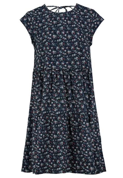 AUTHENTIC STYLE Kleid, midi, Rundhals, zwei horizontale Teilungsnähte mit leichten Raffungen, V-Ausschnitt mit Schnürung hinten, kurze Ärmel