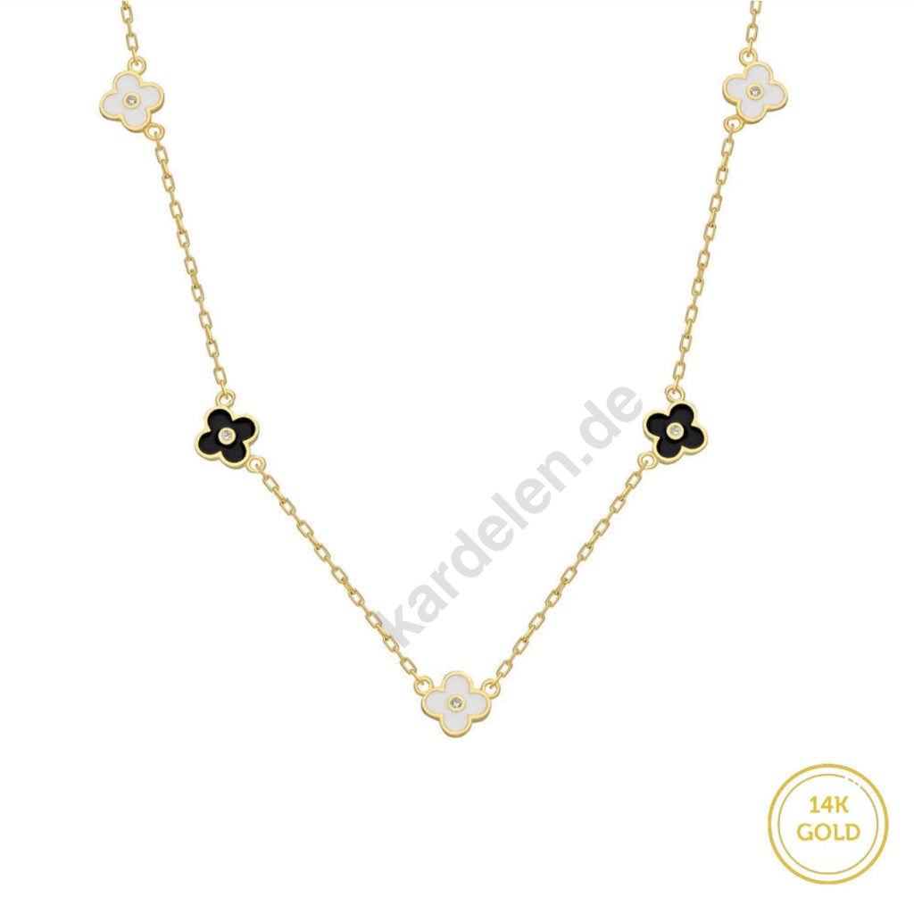 Kardelen 14K GOLD Schwarz&Weiss Kleeblatt Halskette