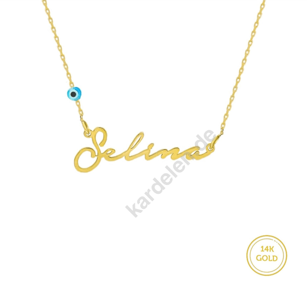 Kardelen 14K GOLD SIGNATUR KETTE - WAAGERECHT MIT BLAUE AUGE