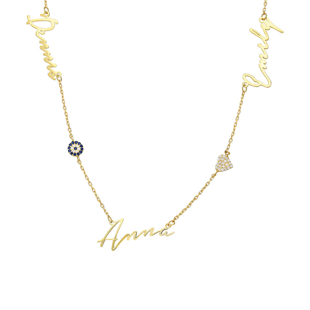 Kardelen 3‘ER NAMENSKETTE MIT NAZARSTEIN UND HERZ - 925 SILBER