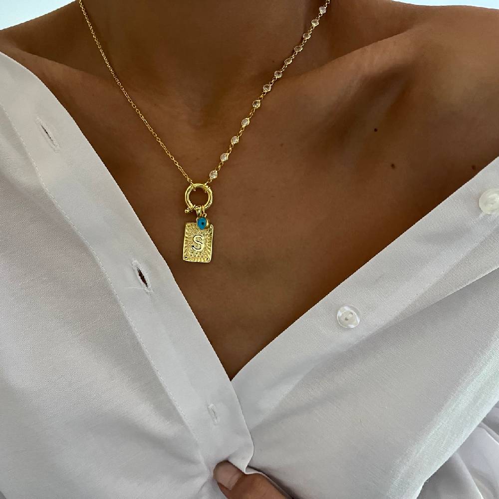 Kardelen Chain Design Iced Buchstabe Mit Nazar - 925 SILBER