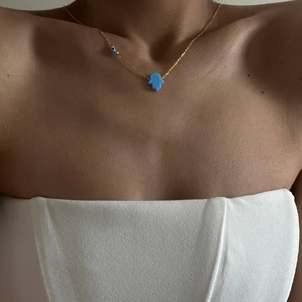 Kardelen Fatimas Hand Opal Kette Mit Nazar - 925 SILBER