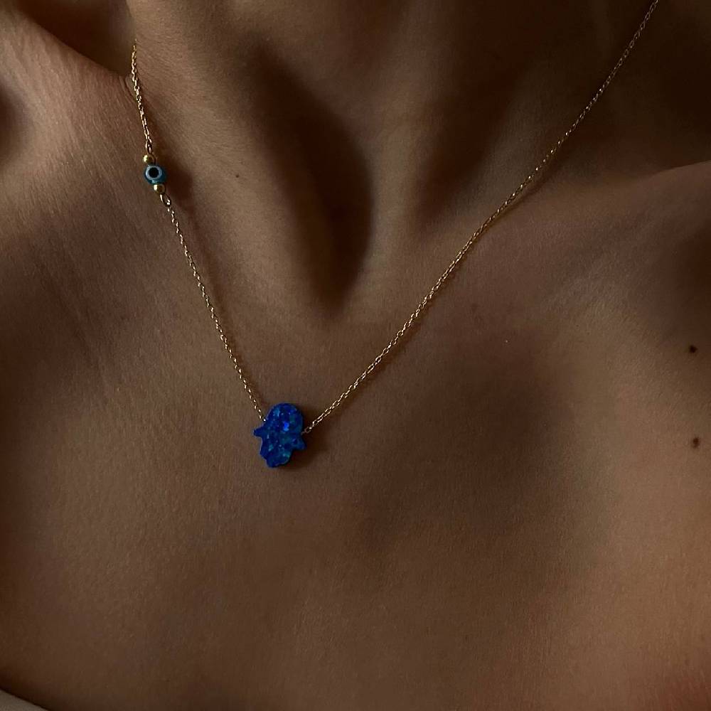 Kardelen Fatimas Hand Opal Kette Mit Nazar Augenkette Dunkelblau - 925 SILBER