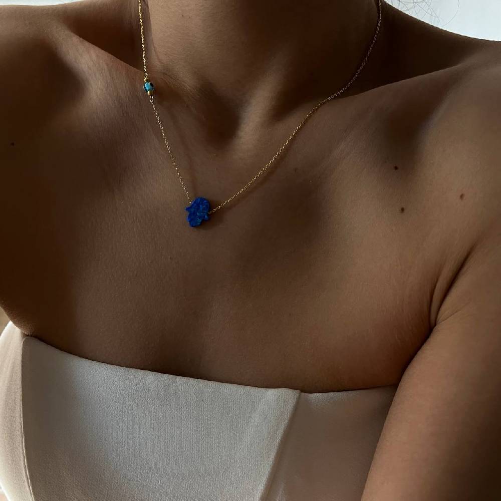 Kardelen Fatimas Hand Opal Kette Mit Nazar Augenkette Dunkelblau - 925 SILBER