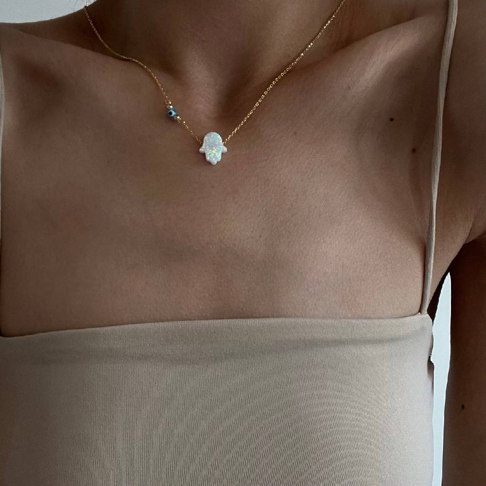 Kardelen Fatimas Hand Opal Kette Mit Nazar White - 925 SILBER