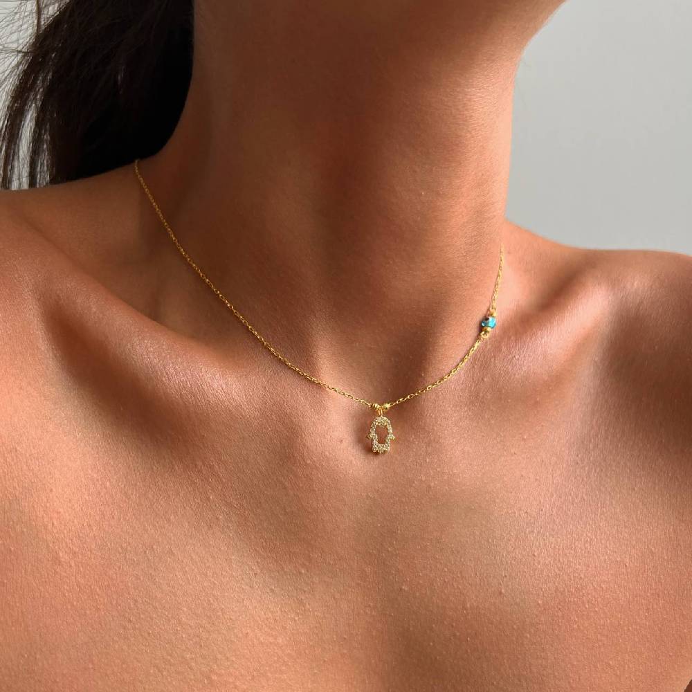 Kardelen FATIMAS HAND ZIRKONIA HALSKETTE MIT NAZAR - 925 SILBER