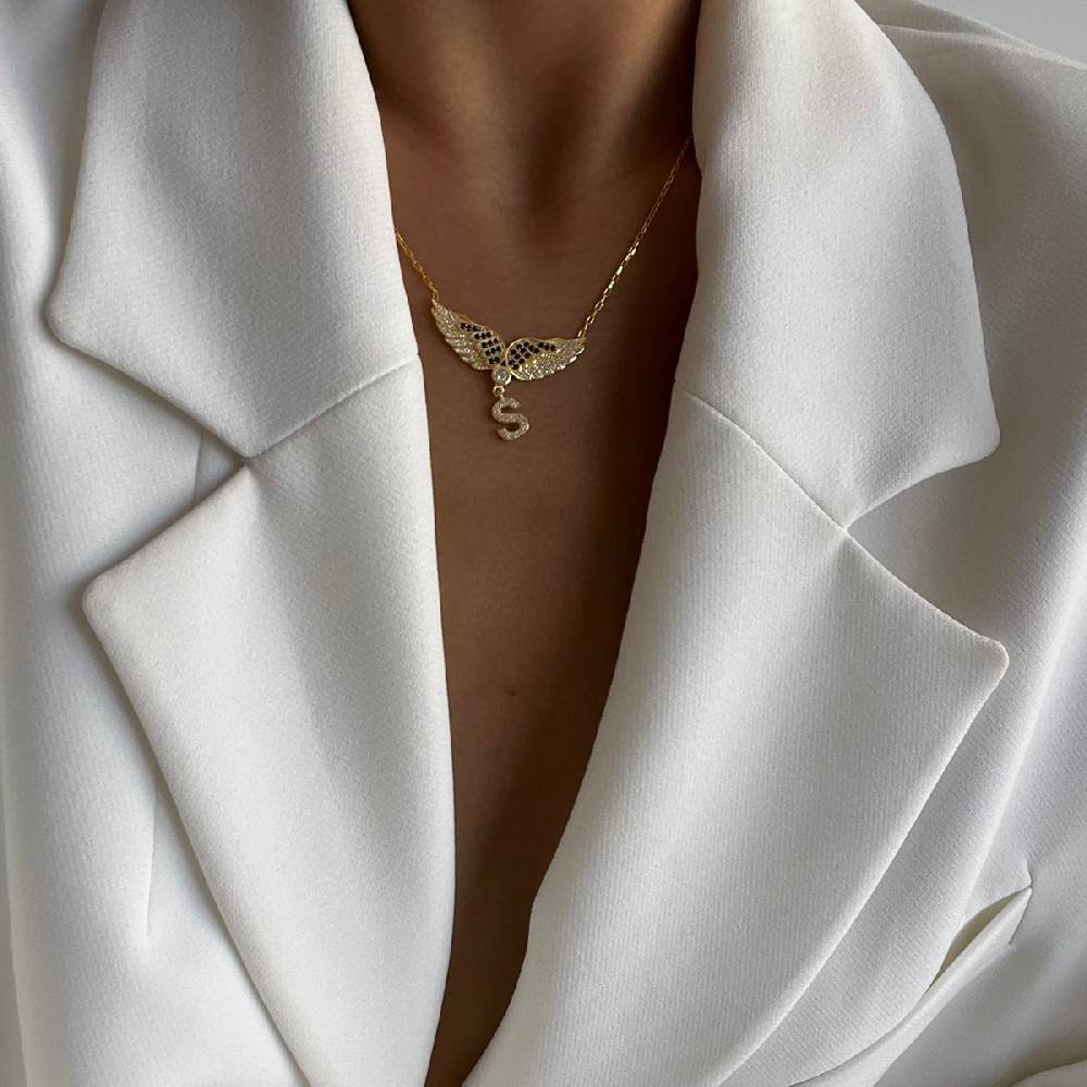 Kardelen Flügel Zirkonia Halskette Mit Buchstabe - 925 SILBER