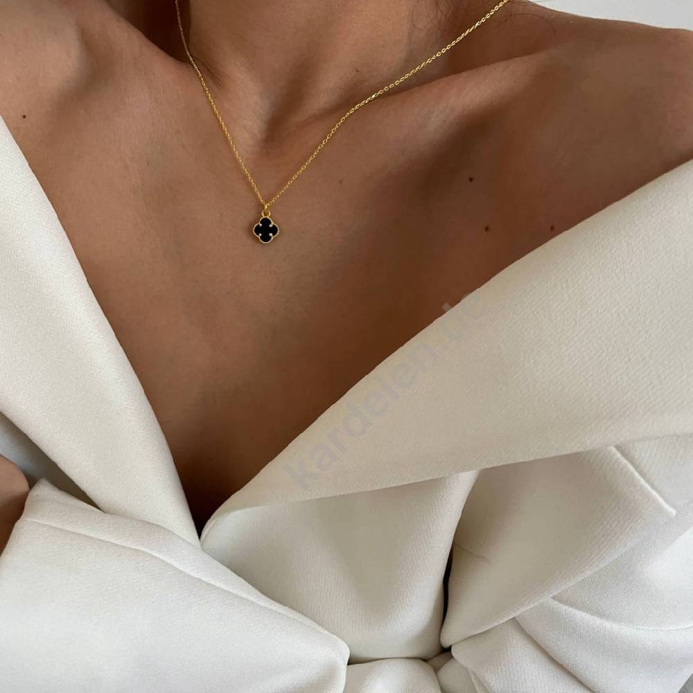 Kardelen 14K GOLD KLEE SCHWARZE HALSKETTE