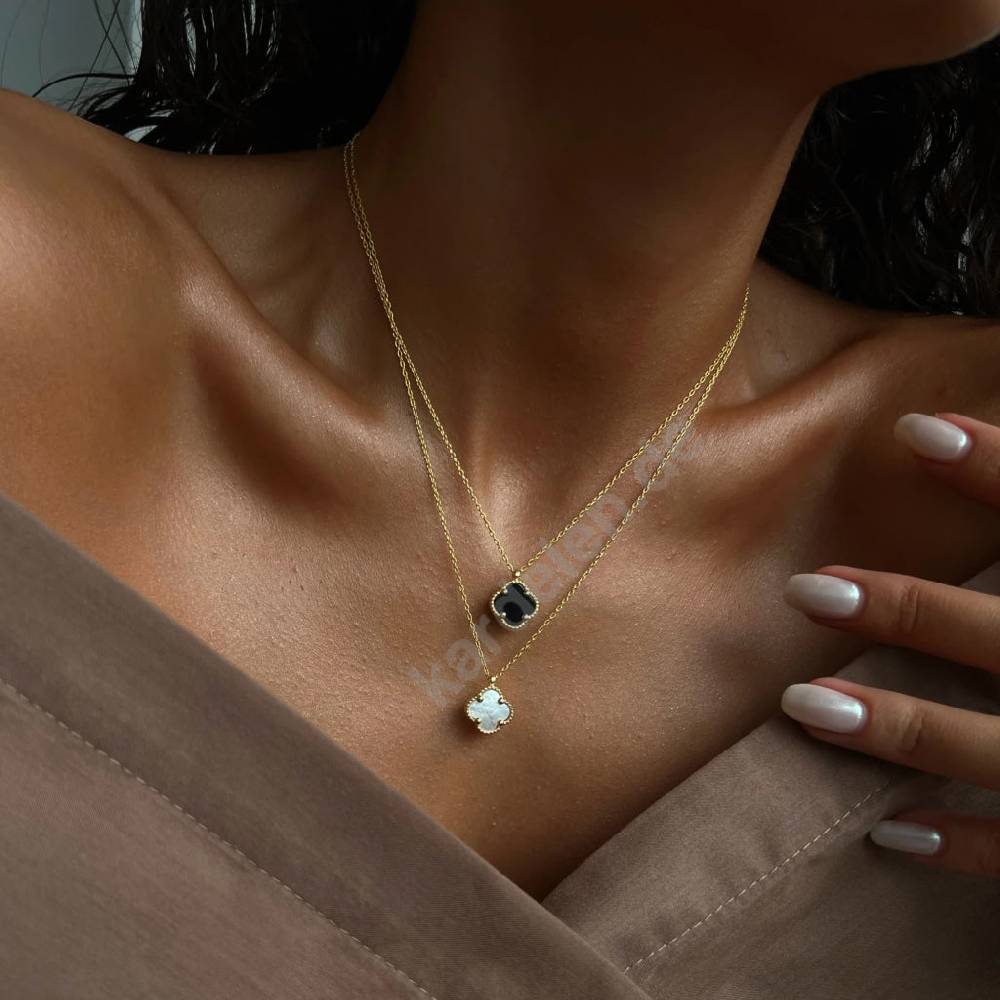 Kardelen 14K GOLD KLEE SCHWARZE HALSKETTE