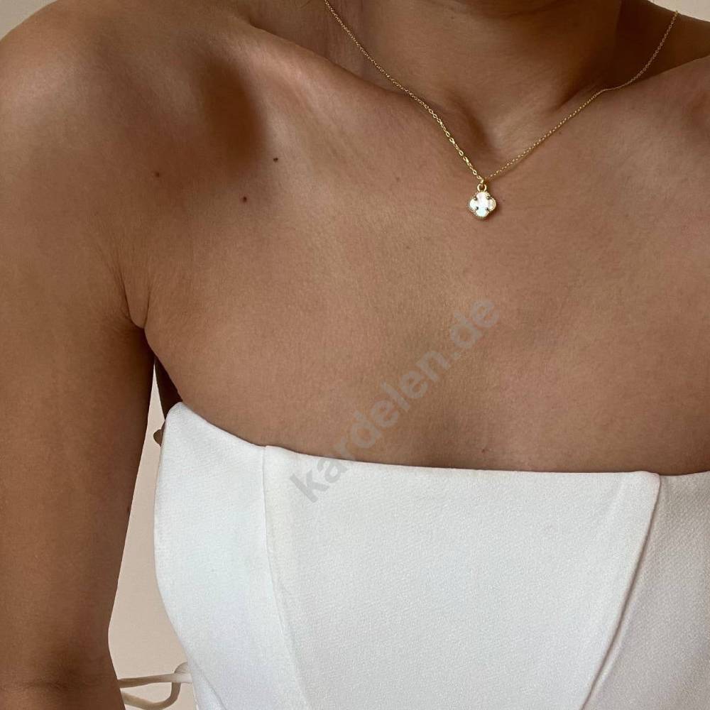 Kardelen 14K GOLD KLEE WEISSE HALSKETTE