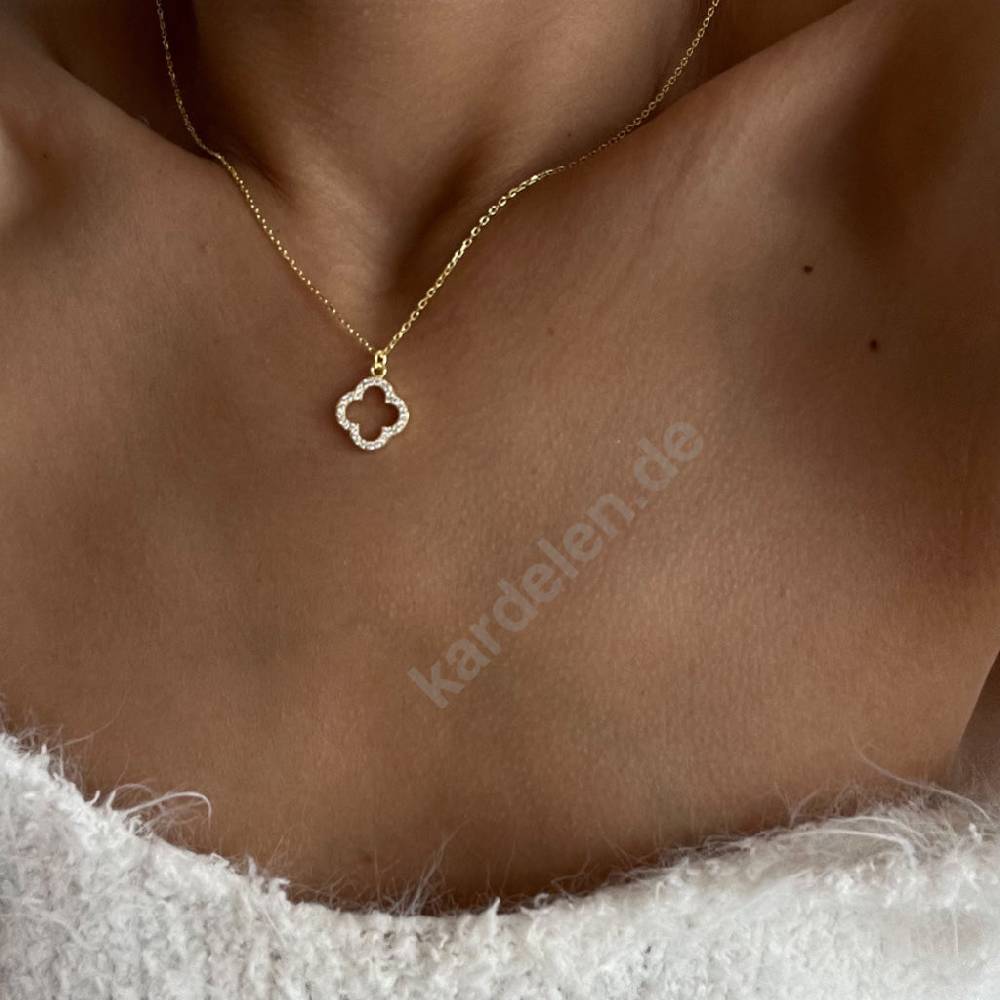 Kardelen 14K GOLD KLEEBLATT HALSKETTE MIT STEIN