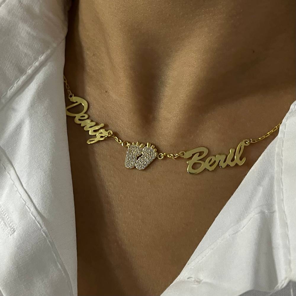 Kardelen Namenskette Mit 2 Wunschnamen Babyfuß - 925 SILBER