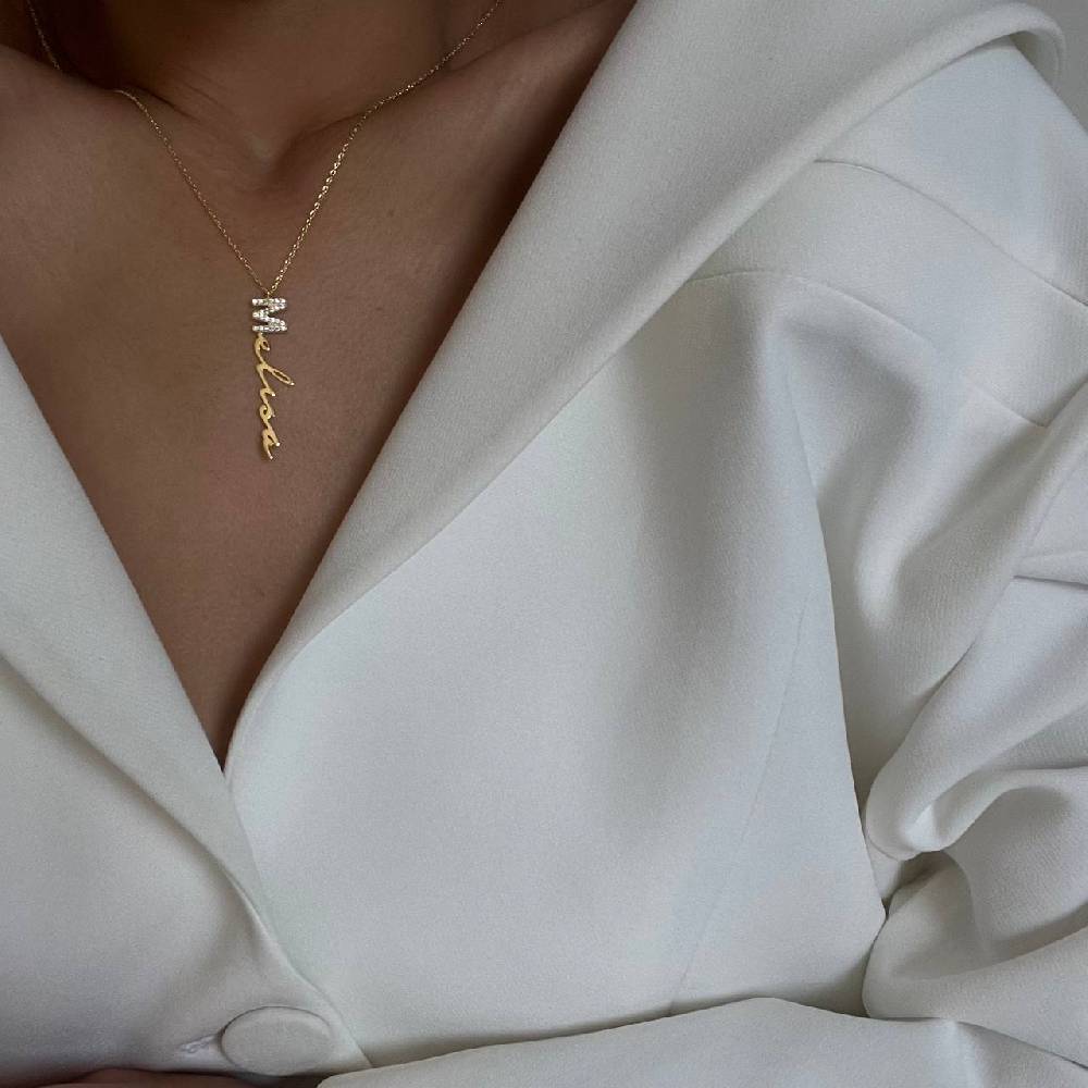 Kardelen Senkrechte Zirkonia Signatur Namenskette - 925 SILBER