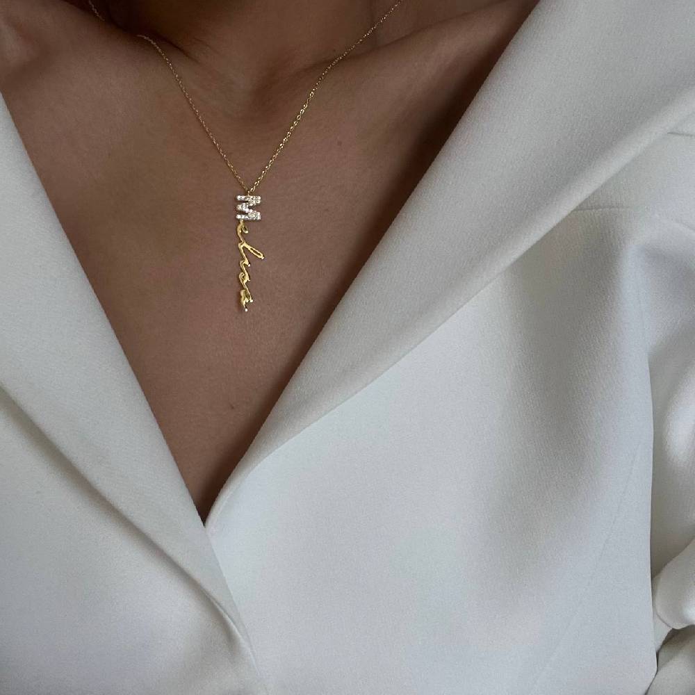 Kardelen Senkrechte Zirkonia Signatur Namenskette - 925 SILBER