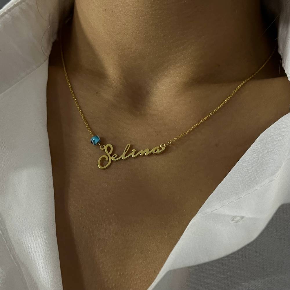 Kardelen Signatur Kette - Waagerecht Mit Blaue Nazar Auge - 925 SILBER