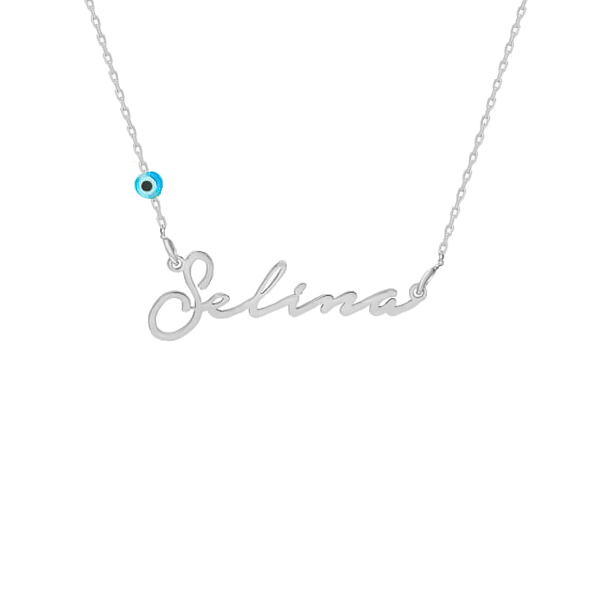 Kardelen Signatur Kette - Waagerecht Mit Blaue Nazar Auge - 925 SILBER