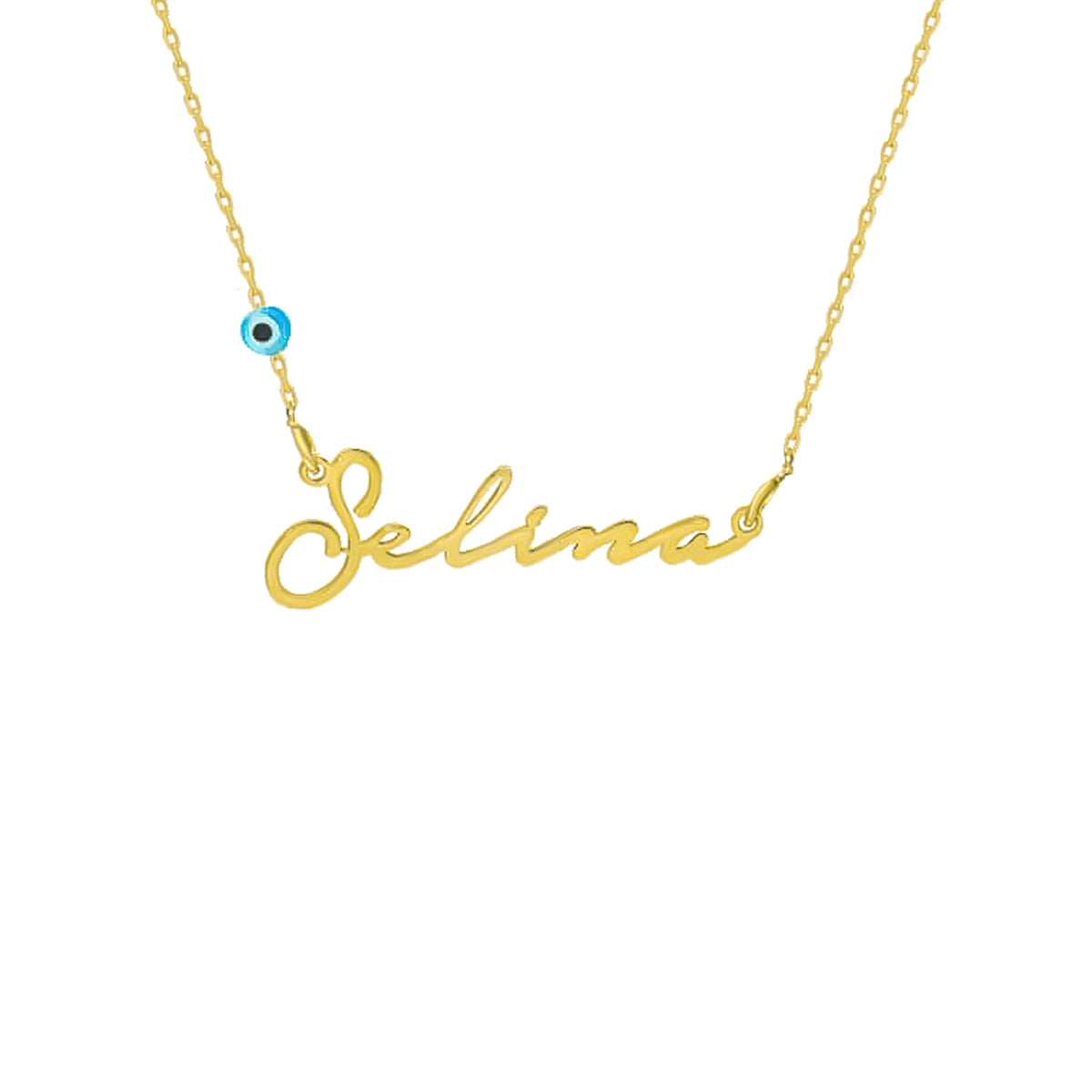 Kardelen Signatur Kette - Waagerecht mit Blaue Nazar Auge - 925 SILBER