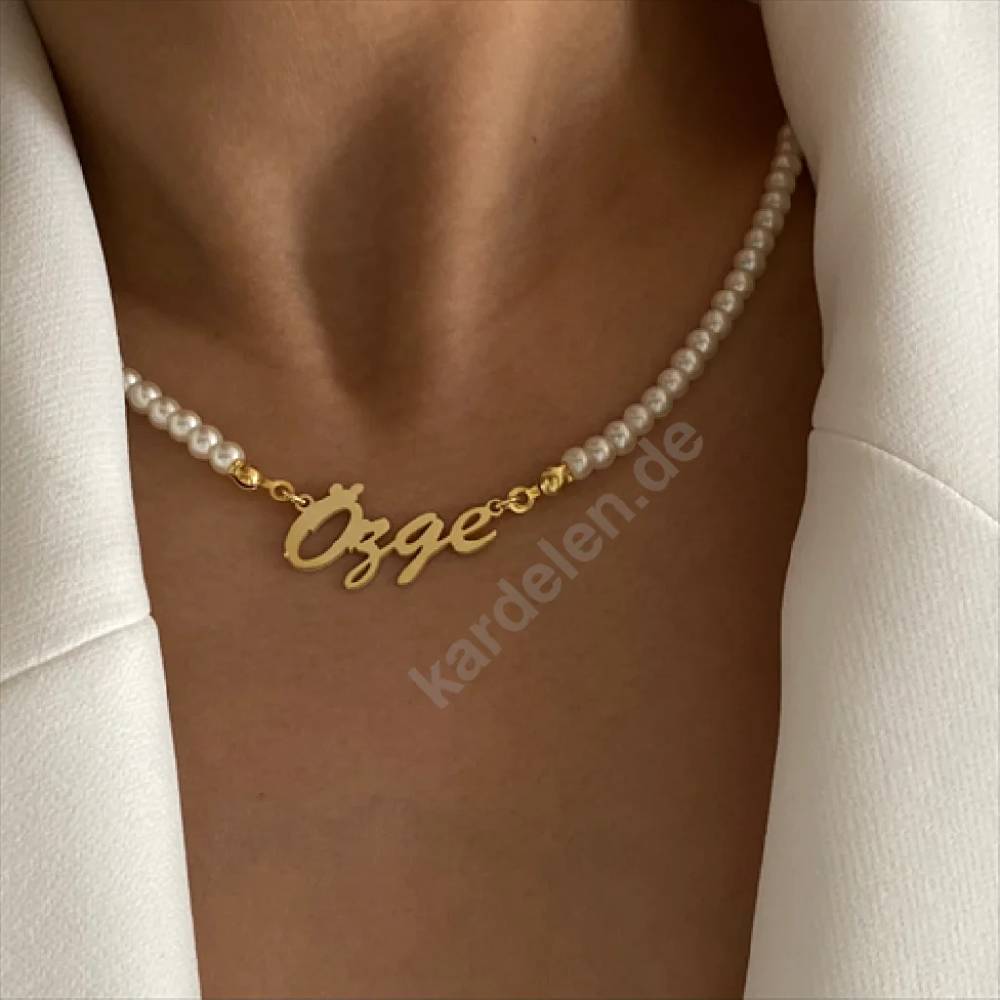 Kardelen Signatur Kette Waagerecht Mit Perlen - 925 SILBER