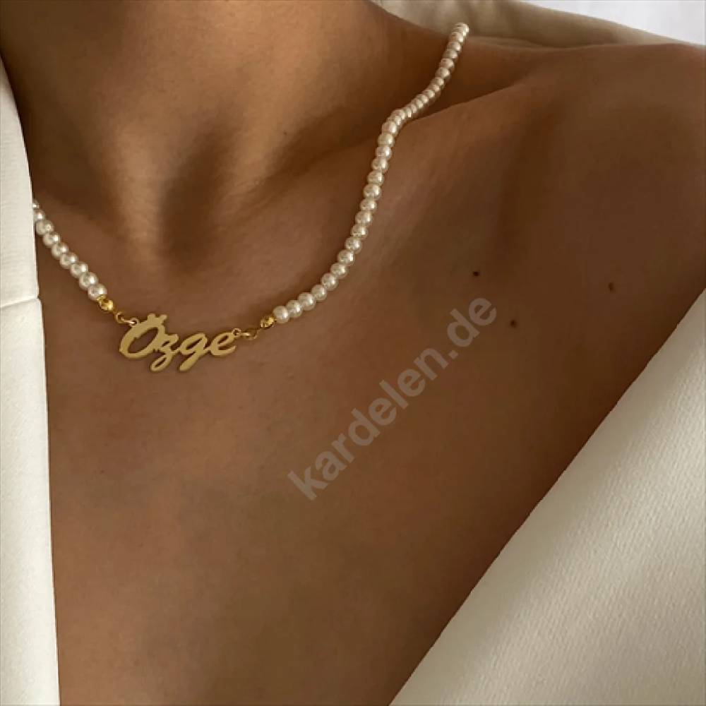 Kardelen Signatur Kette Waagerecht Mit Perlen - 925 SILBER