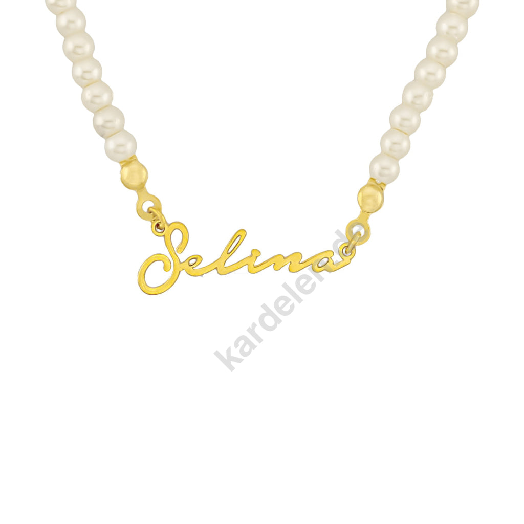 Kardelen Signatur Kette Waagerecht mit Perlen - 925 SILBER