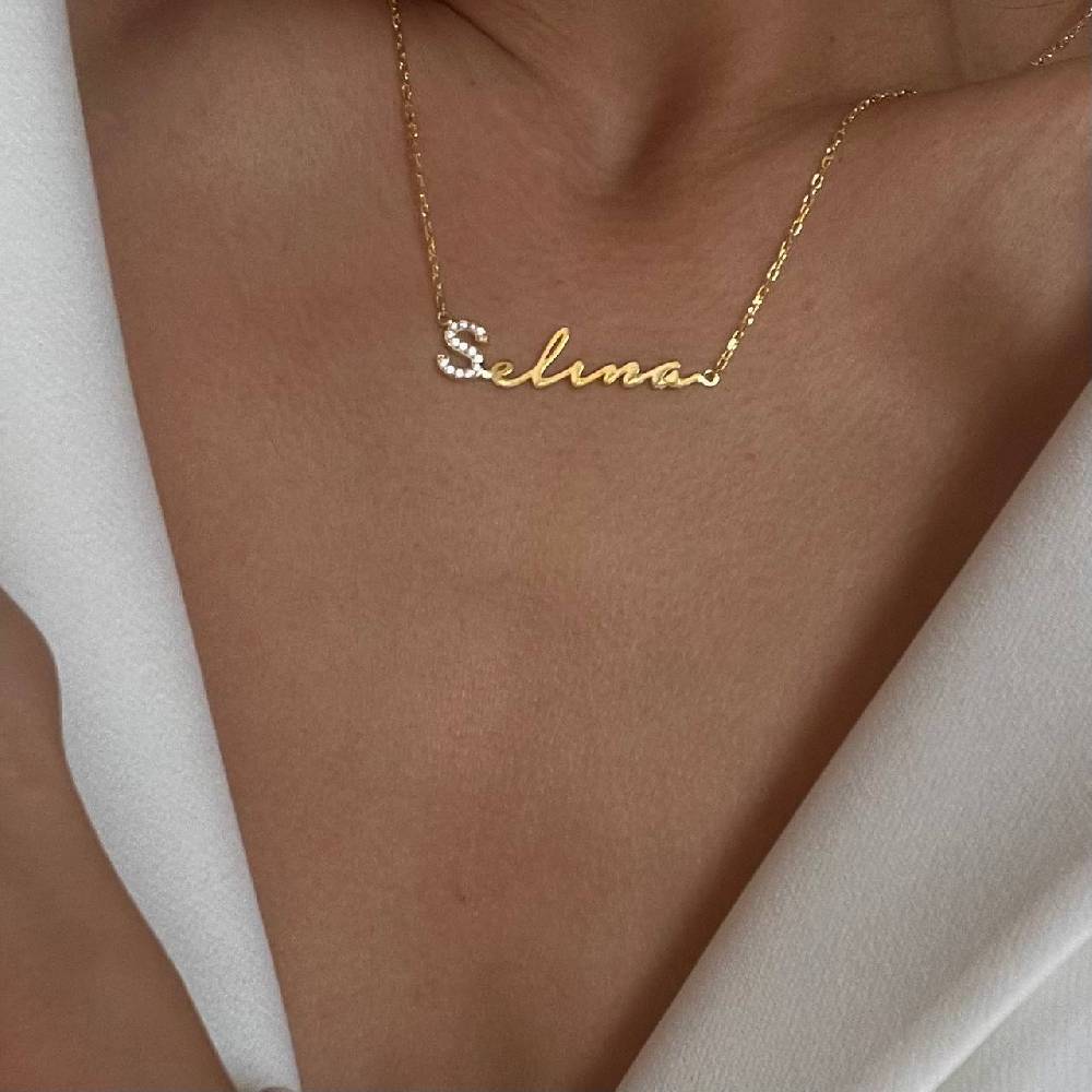 Kardelen Waagerechte Zirkonia Signatur Namenskette - 925 SILBER