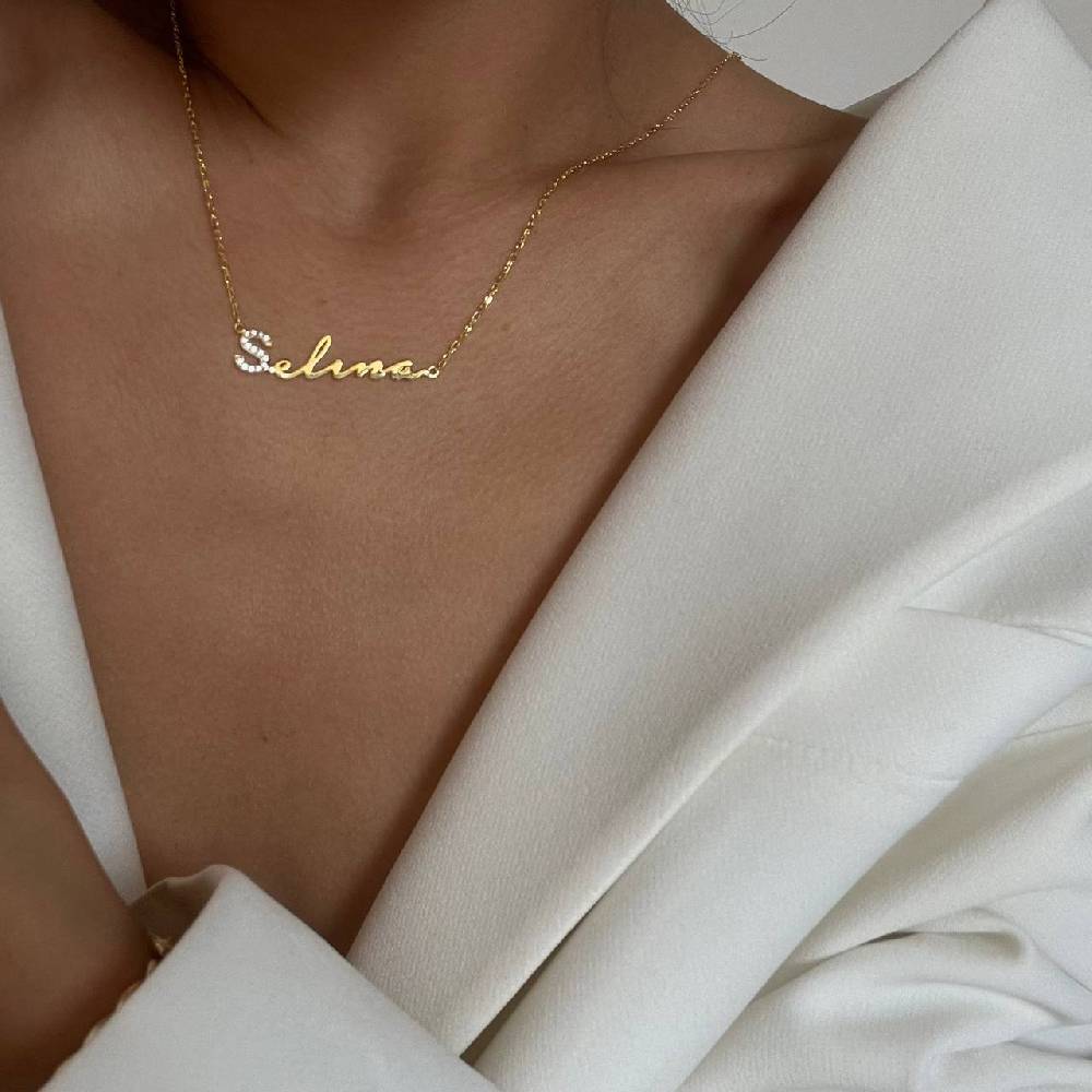 Kardelen Waagerechte Zirkonia Signatur Namenskette - 925 SILBER