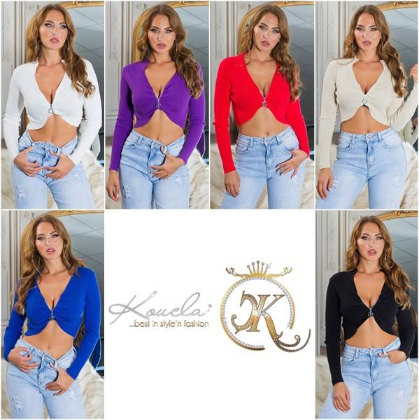 Koucla Sexy Crop-Strickjacke Gerippt Mit Zipper
