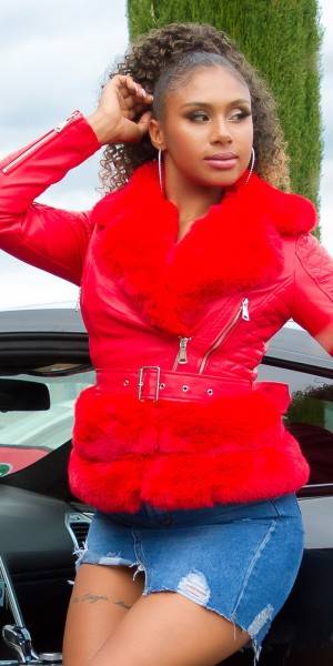 Koucla Sexy Kunstleder Biker Jacke mit Kunstfell