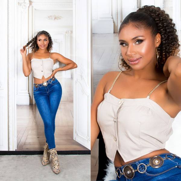 Koucla Sexy Kunstleder Crop Top Mit Kettenträgern