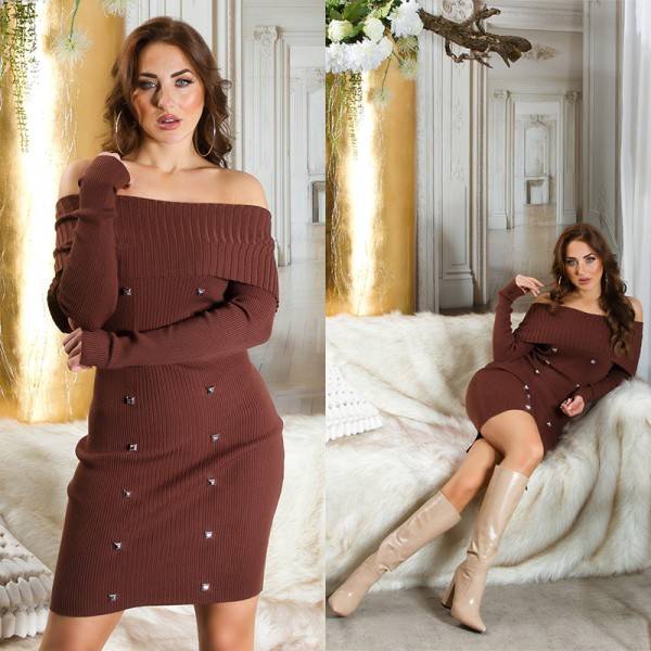 Koucla Sexy Off-shoulder Strickkleid Mit Nieten