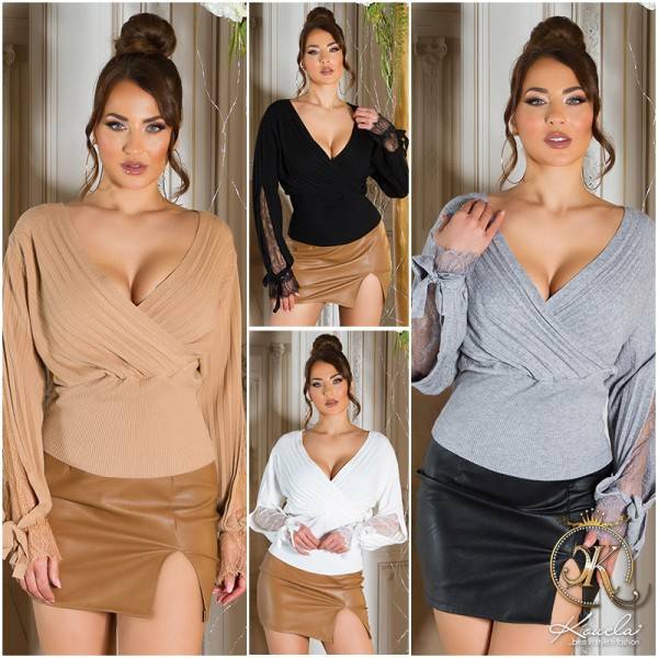 Koucla Sexy Pullover Mit V-Ausschnitt Und Spitze