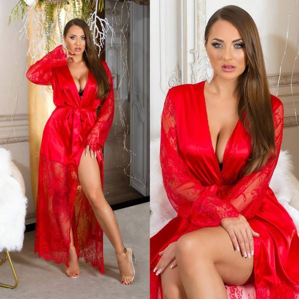 Koucla Sexy Satin Look Morgenmantel Mit Spitze